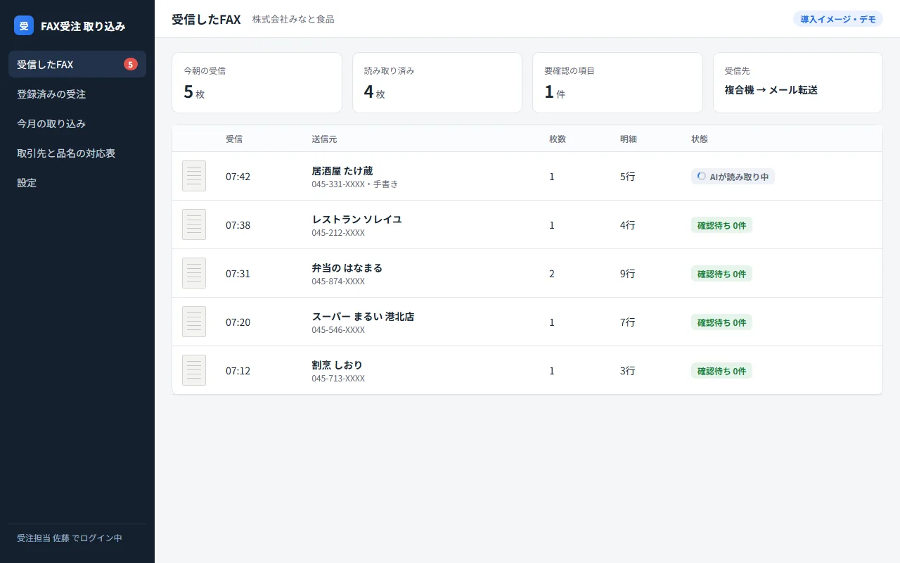 受信したFAXの一覧。取引先名、受信時刻、明細の行数、読み取りの状態が並ぶ画面